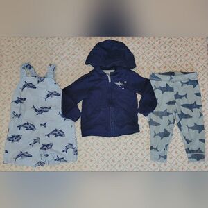 Carters Size 12 Months Blue Shark Print Overalls, Hoodie & Pants Outfit Bundle